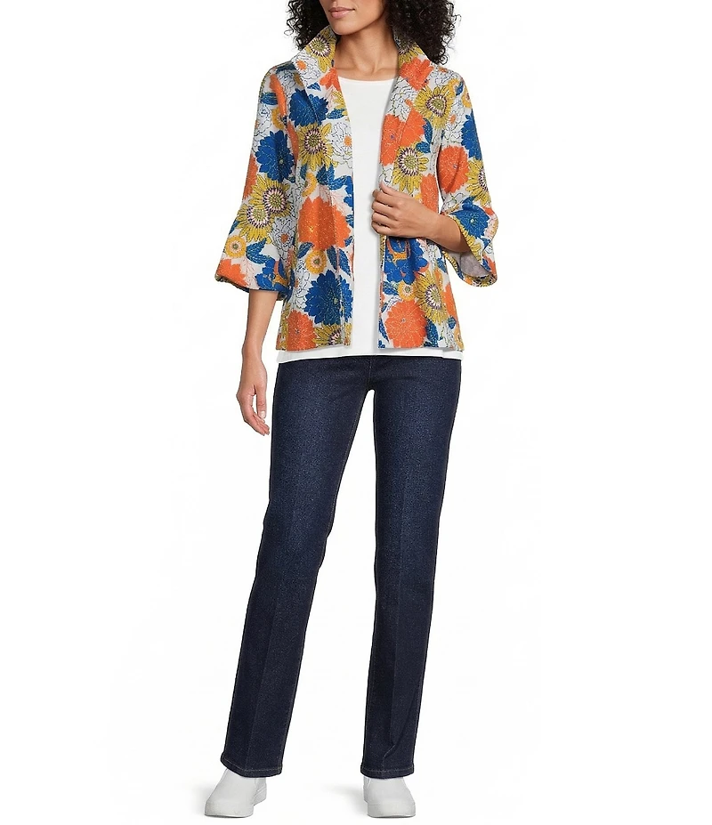 Multiples Textured Floral Multi Wire Collar 3/4 Sleeve Button-Front Jacket