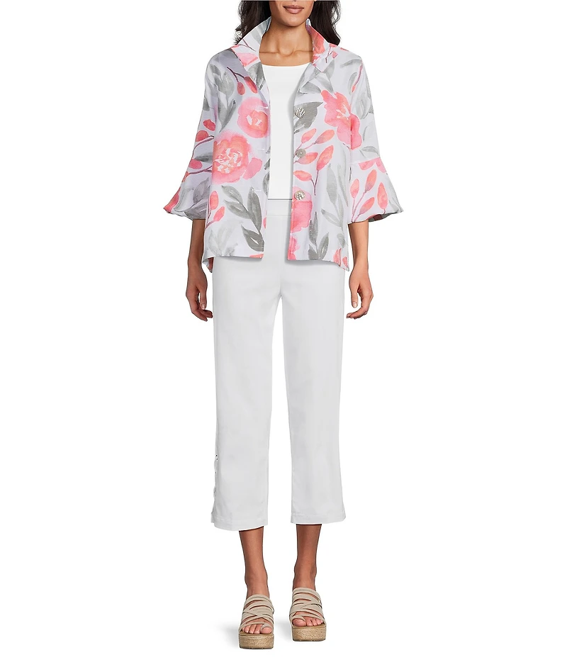 Multiples Textured Floral Wire Collar 3/4 Sleeve Button-Front Jacket