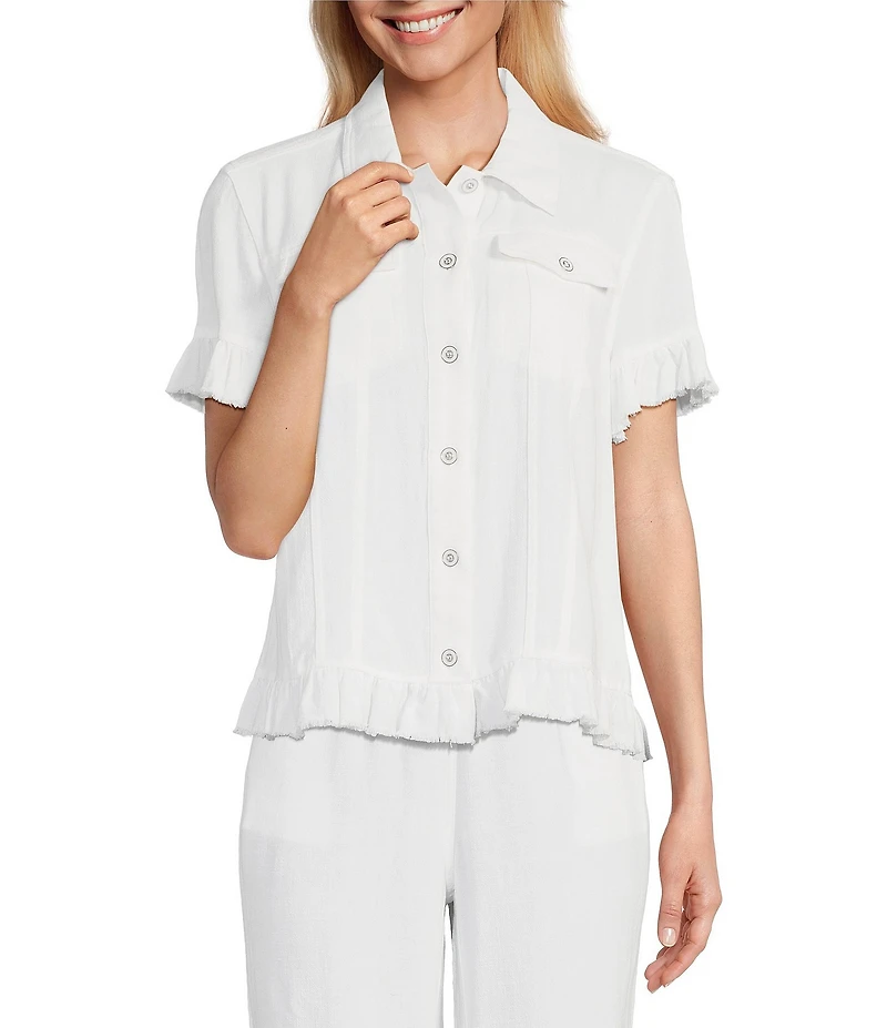 Multiples Textured Slub Woven Point Collar Short Sleeve Ruffle Detail Fitted Button Front Jean Jacket