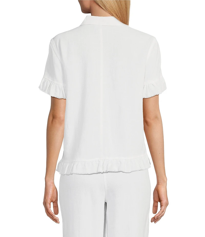 Multiples Textured Slub Woven Point Collar Short Sleeve Ruffle Detail Fitted Button Front Jean Jacket