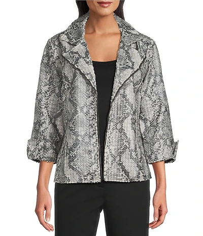 Multiples Textured Snake Print Notch Collar 3/4 Turn-Up Cuff Sleeve Jacket