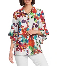 Multiples Textured Woven Floral Point Collar 3/4 Flounce Sleeve Button Front Tunic