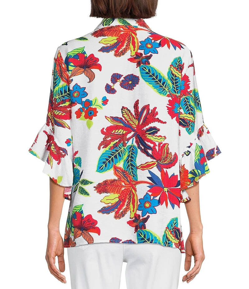 Multiples Textured Woven Floral Point Collar 3/4 Flounce Sleeve Button Front Tunic