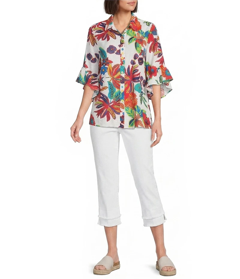 Multiples Textured Woven Floral Point Collar 3/4 Flounce Sleeve Button Front Tunic