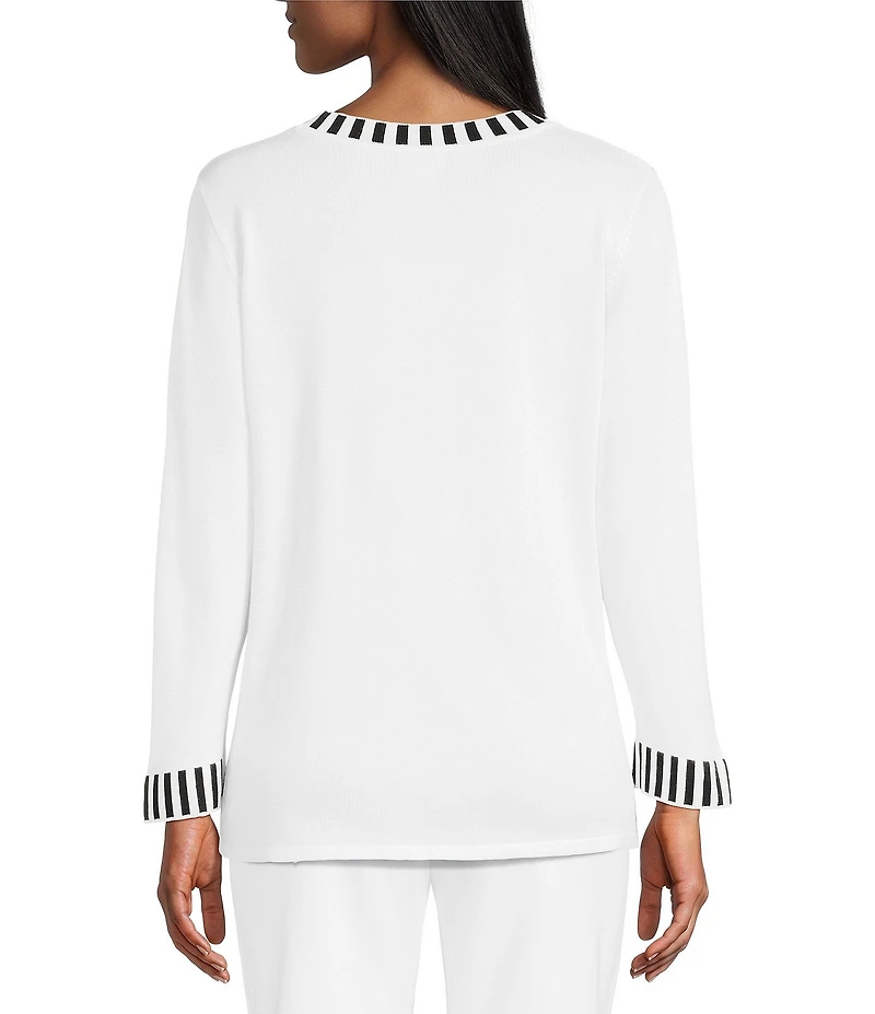 Multiples V-Neck 3/4 Sleeve Contrast Trim Sweater Knit Top