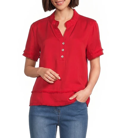 Multiples Woven Band Collar Short Sleeve Double Fringe Trim Top
