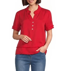 Multiples Woven Band Collar Short Sleeve Double Fringe Trim Top