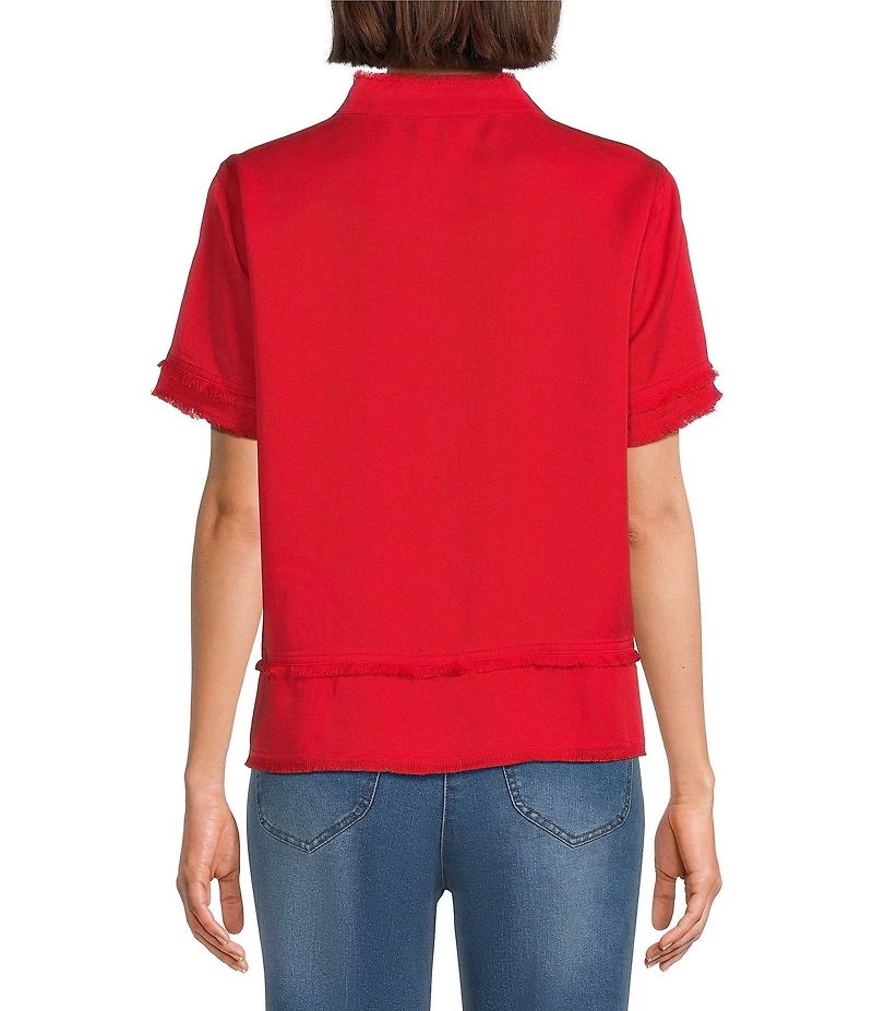 Multiples Woven Band Collar Short Sleeve Double Fringe Trim Top