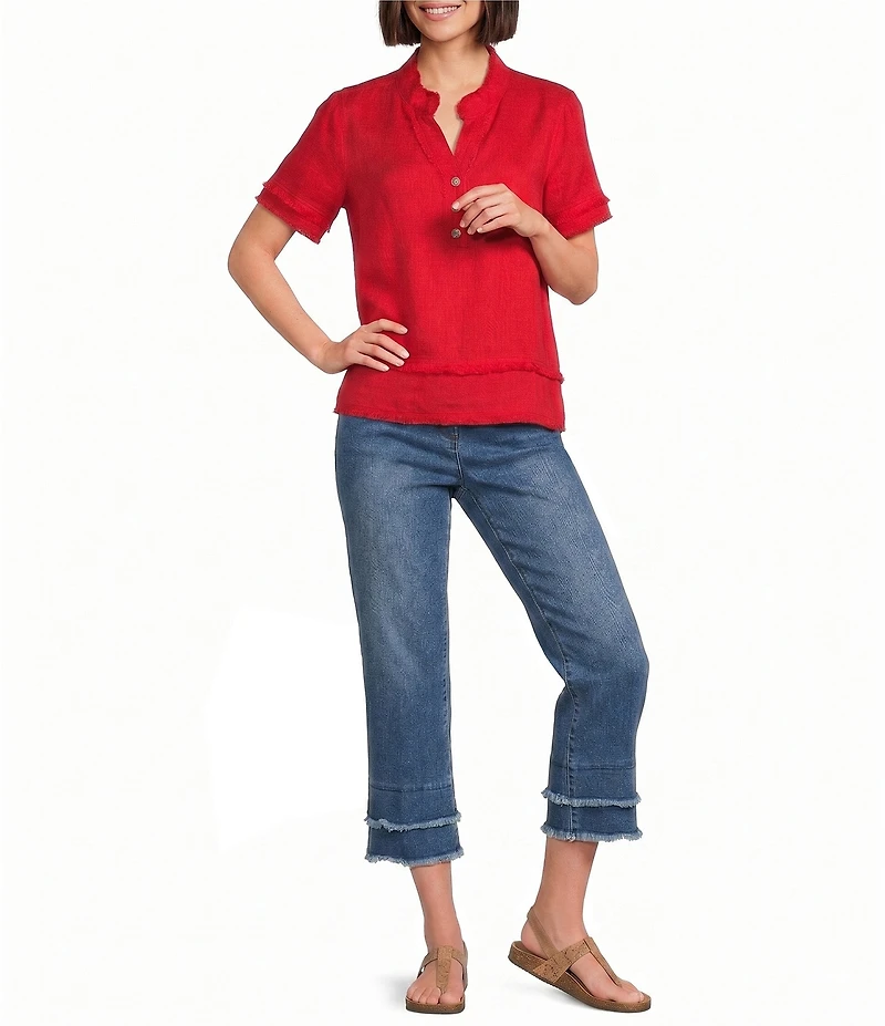 Multiples Woven Band Collar Short Sleeve Double Fringe Trim Top