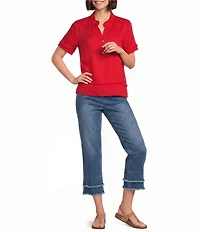 Multiples Woven Band Collar Short Sleeve Double Fringe Trim Top