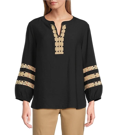 Multiples Woven Banded Notch Neck 3/4 Inset Trim Sleeve Top