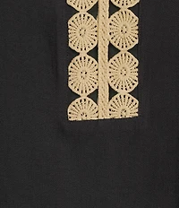 Multiples Woven Banded Notch Neck 3/4 Inset Trim Sleeve Top