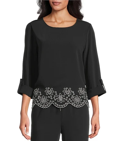 Multiples Coordinating Woven Boat Neck Long Roll-Tab Sleeve Embroidered Scalloped Hem Top