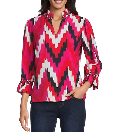 Multiples Woven Chevron Print Ruffle Stand Collar 3/4 Sleeve Top