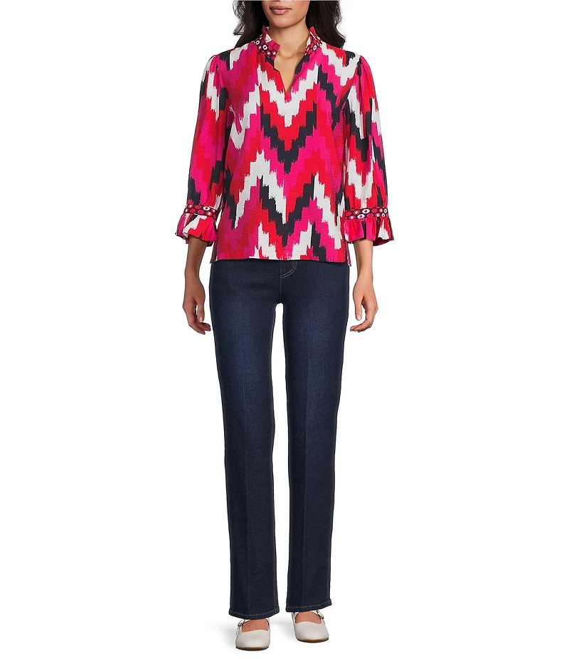 Multiples Woven Chevron Print Ruffle Stand Collar 3/4 Sleeve Top