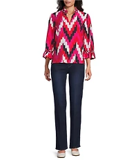 Multiples Woven Chevron Print Ruffle Stand Collar 3/4 Sleeve Top