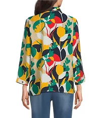 Multiples Woven Circle Multi Print Point Collar 3/4 Roll-Tab Sleeve Button-Front Crinkle Shirt