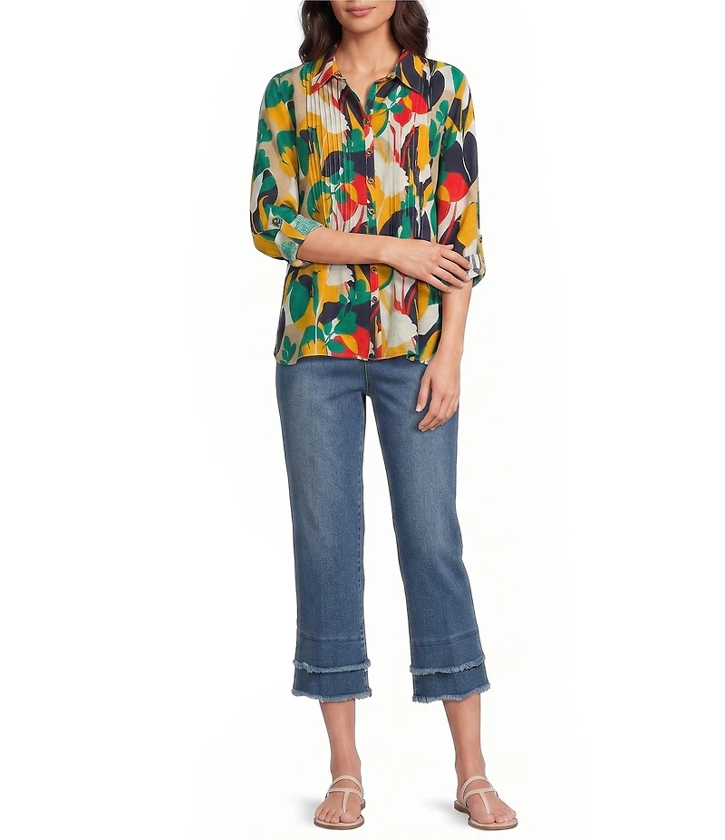 Multiples Woven Circle Multi Print Point Collar 3/4 Roll-Tab Sleeve Button-Front Crinkle Shirt