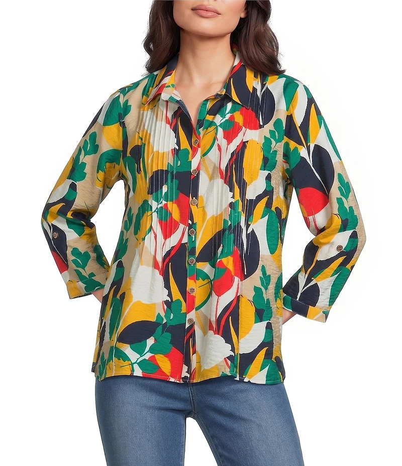 Multiples Woven Circle Multi Print Point Collar 3/4 Roll-Tab Sleeve Button-Front Crinkle Shirt