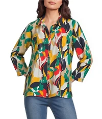 Multiples Woven Circle Multi Print Point Collar 3/4 Roll-Tab Sleeve Button-Front Crinkle Shirt