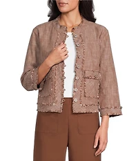 Multiples Woven Cross-Dyed Stand Collar 3/4 Sleeve Fitted Jacket