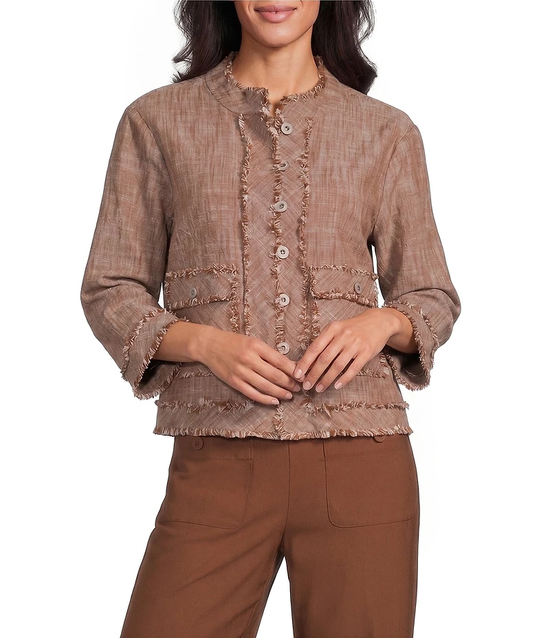 Multiples Woven Cross-Dyed Stand Collar 3/4 Sleeve Fitted Jacket