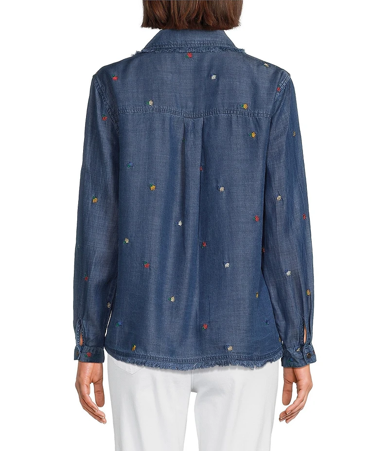 Multiples Woven Denim Point Collar Long Sleeve With Roll Tab Cuffed Shirt