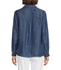 Multiples Woven Denim Point Collar Long Sleeve With Roll Tab Cuffed Shirt