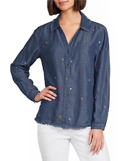 Multiples Woven Denim Point Collar Long Sleeve With Roll Tab Cuffed Shirt