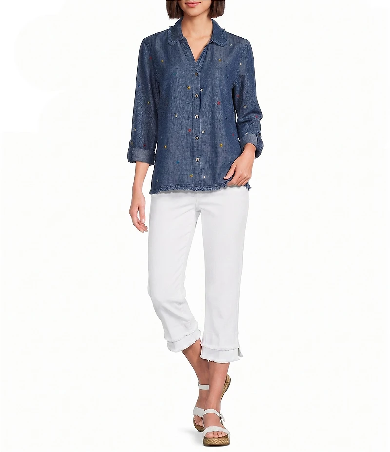 Multiples Woven Denim Point Collar Long Sleeve With Roll Tab Cuffed Shirt
