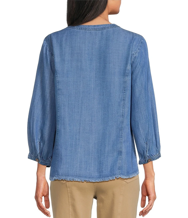 Multiples Woven Denim Split Round Neck 3/4 Sleeve Shirt