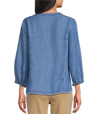 Multiples Woven Denim Split Round Neck 3/4 Sleeve Shirt