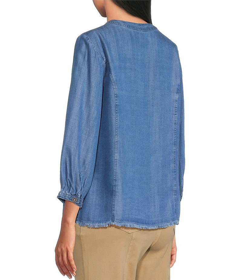 Multiples Woven Denim Split Round Neck 3/4 Sleeve Shirt
