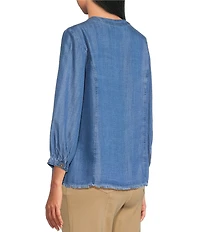 Multiples Woven Denim Split Round Neck 3/4 Sleeve Shirt