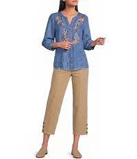 Multiples Woven Denim Split Round Neck 3/4 Sleeve Shirt