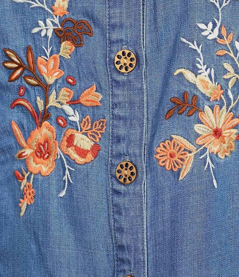 Multiples Woven Denim Split Round Neck 3/4 Sleeve Shirt