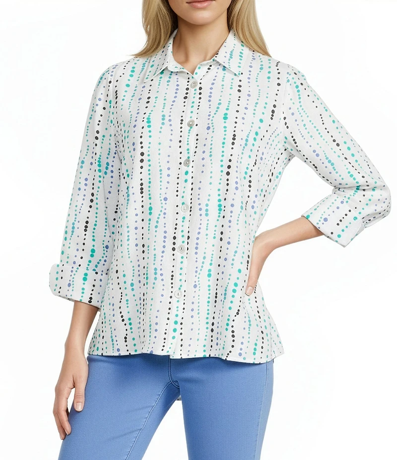Multiples Woven Dot Multi Print Point Collar 3/4 Turn Up Sleeve Button Front Shirt
