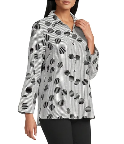 Multiples Woven Dot Print Point Collar 3/4 Turn-Up Sleeve Button Front Shirt