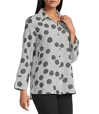 Multiples Woven Dot Print Point Collar 3/4 Turn-Up Sleeve Button Front Shirt