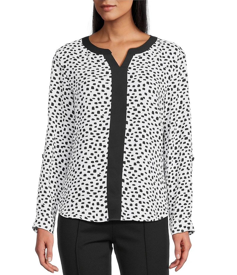 Multiples Woven Dotted Split Round Band V-Neck Long Roll-Tab Sleeve Top