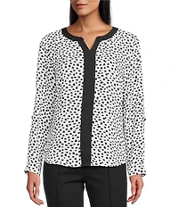 Multiples Woven Dotted Split Round Band V-Neck Long Roll-Tab Sleeve Top