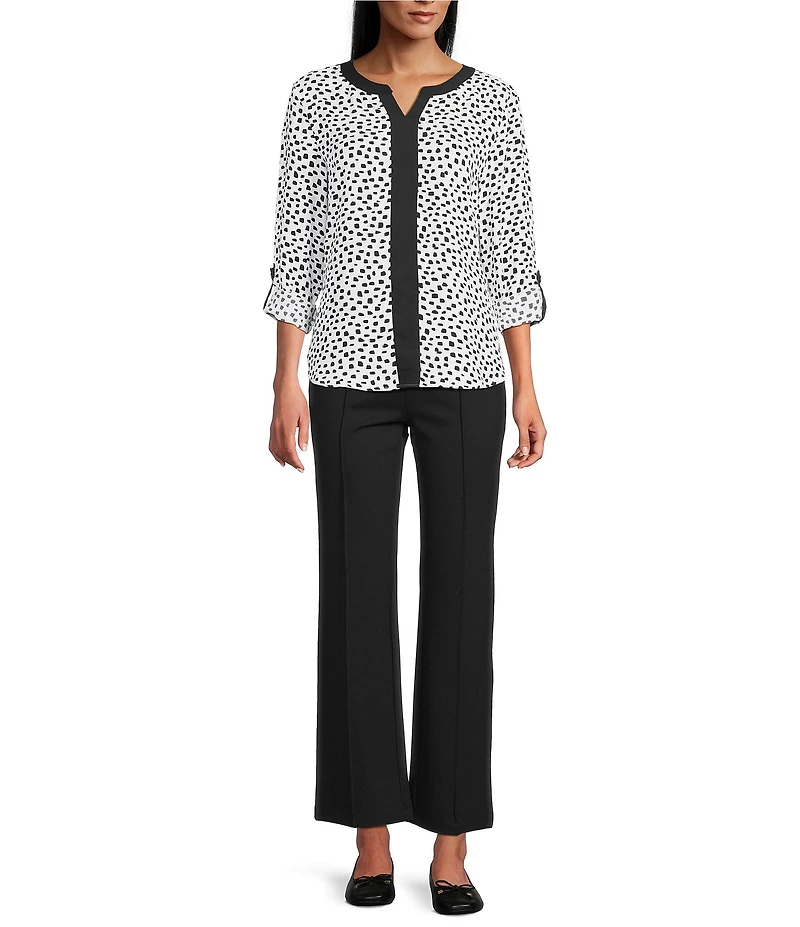 Multiples Woven Dotted Split Round Band V-Neck Long Roll-Tab Sleeve Top