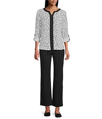 Multiples Woven Dotted Split Round Band V-Neck Long Roll-Tab Sleeve Top