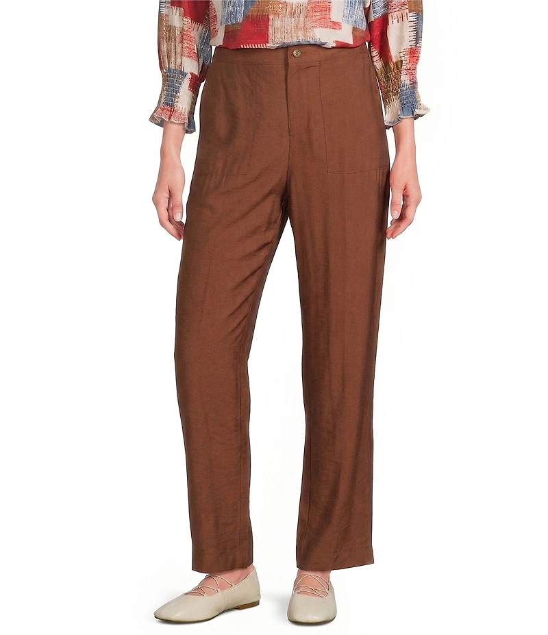 Multiples Woven Flat Front Straight Leg Ankle Length Full Elastic Back Pants