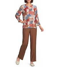 Multiples Woven Flat Front Straight Leg Ankle Length Full Elastic Back Pants