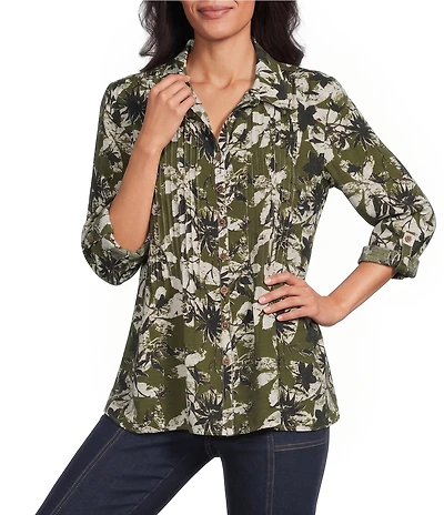 Multiples Woven Floral Multi Print Point Collar 3/4 Roll-Tab Sleeve Button-Front Crinkle Shirt