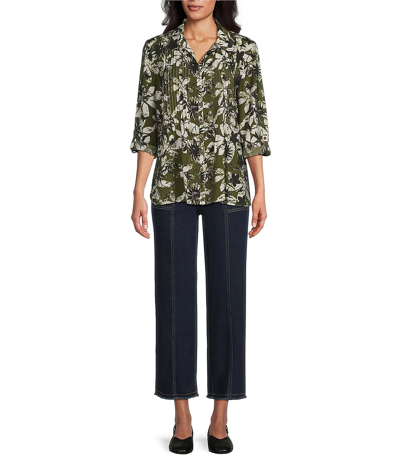 Multiples Woven Floral Multi Print Point Collar 3/4 Roll-Tab Sleeve Button-Front Crinkle Shirt