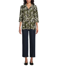 Multiples Woven Floral Multi Print Point Collar 3/4 Roll-Tab Sleeve Button-Front Crinkle Shirt