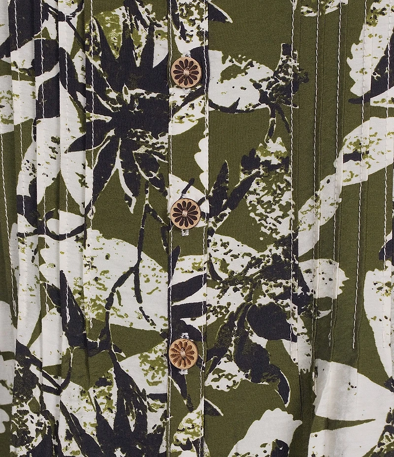 Multiples Woven Floral Multi Print Point Collar 3/4 Roll-Tab Sleeve Button-Front Crinkle Shirt