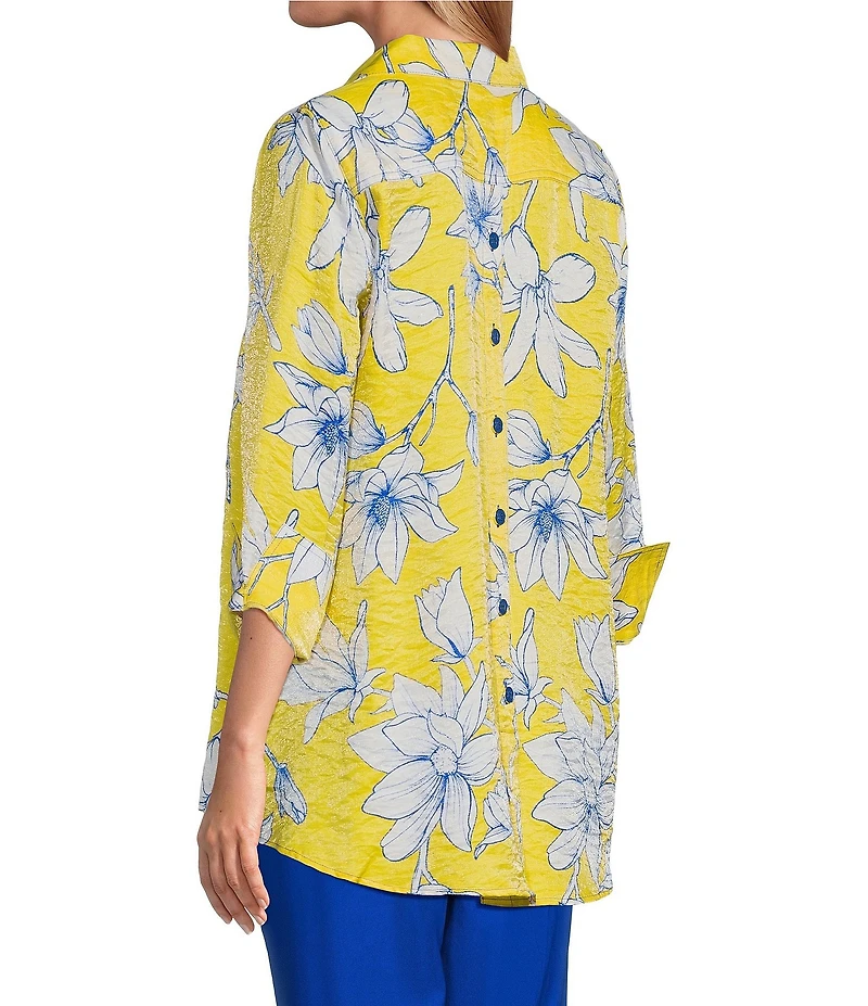 Multiples Woven Floral Point Collar 3/4 Turn-Up Sleeve Hi-Low Button Front Shimmer Shirt